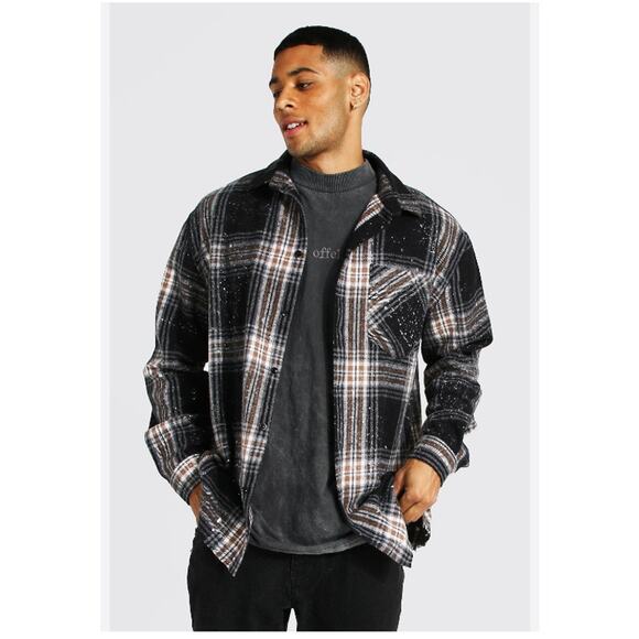 NWOT BoohooMAN Oversized Plaid Shacket – Splatter Paint Streetwear – Men’s M - Picture 1 of 8